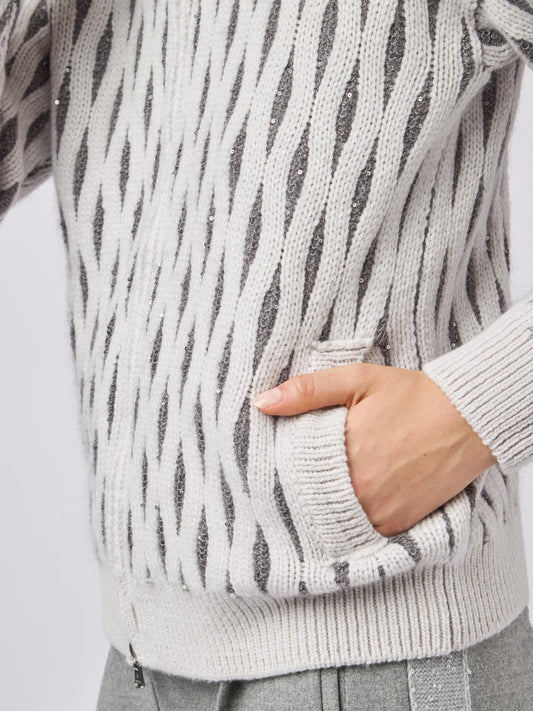 Maglia donna zip concollo lupetto e treccia con paillettes - Maglia donna zip concollo lupetto e treccia con paillettes alt - 002