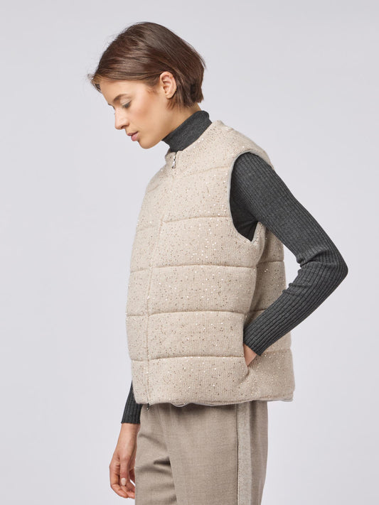 Gilet in maglia donna full zip trapuntato con piuma cremino 240e38_fw246a_908908