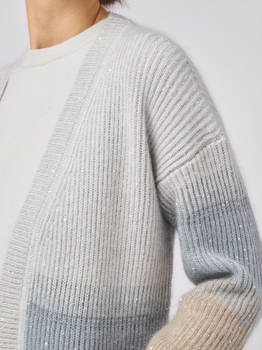 Maglia cardigan donna con cintura, costa inglese sfumata con paillettes - Maglia cardigan donna con cintura, costa inglese sfumata con paillettes alt - 002