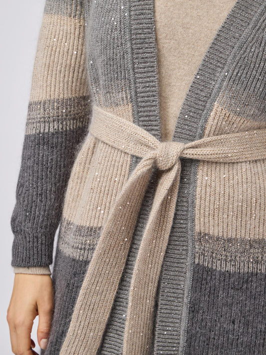 Maglia cardigan donna con cintura, costa inglese sfumata con paillettes - Maglia cardigan donna con cintura, costa inglese sfumata con paillettes alt - 002