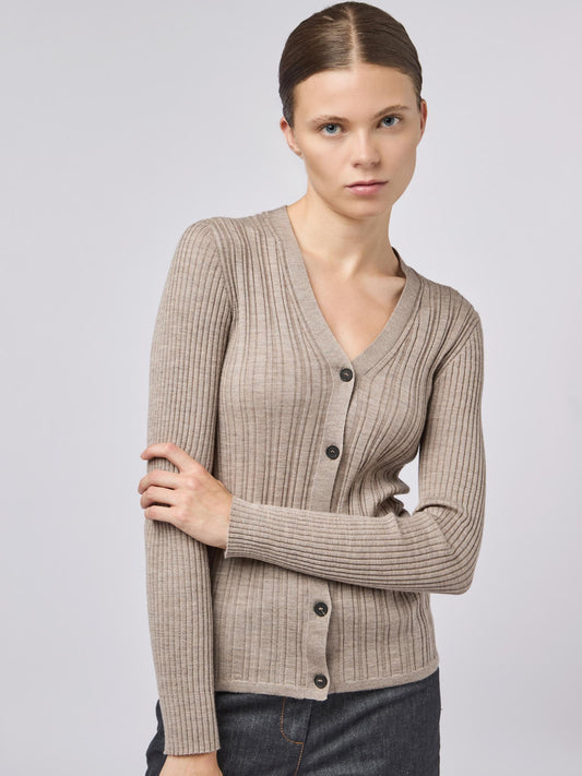 Maglia cardigan donna con lavorazione a costina tortora 240t42_fw248a_145145