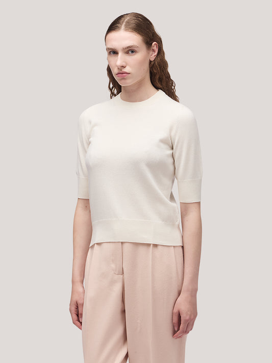 Women's crew neck sweater with elbow-length sleeves and ribbed edges - Women's crew neck sweater with elbow-length sleeves and ribbed edges alt - 002