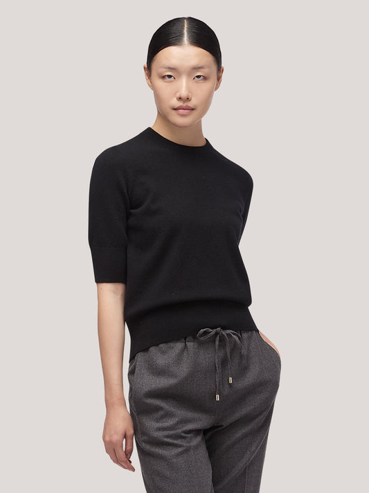 Women's crew neck sweater with elbow-length sleeves and ribbed edges - Women's crew neck sweater with elbow-length sleeves and ribbed edges alt - 002