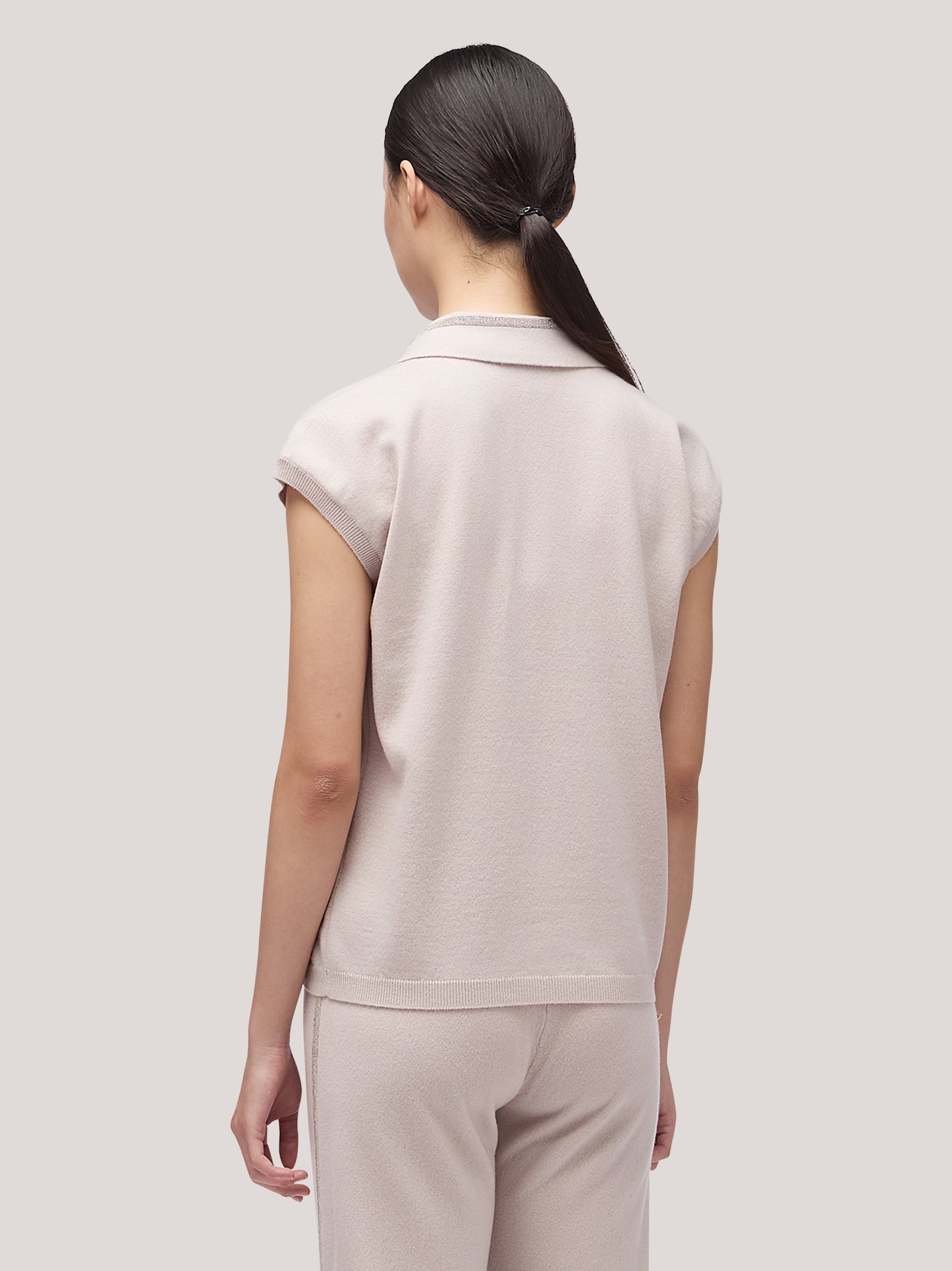 Maglia polo donna manica corta, catenella su collo beige chiaro mel 250a25_fw25-3_167bec 68160139002182