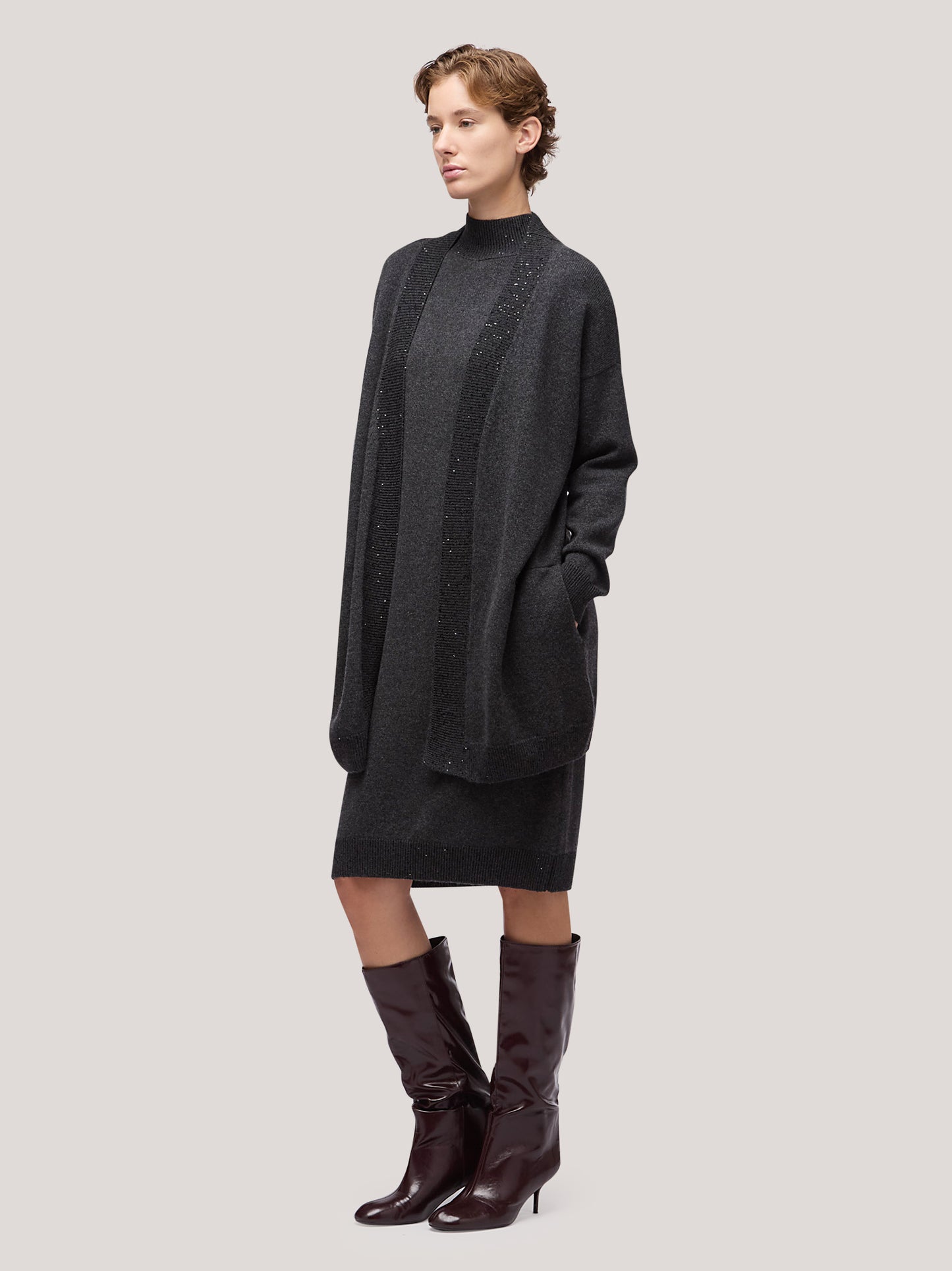 Maglia cardigan donna aperto con inserto paillettes su liste grafite mel 250f00_fw256a_425gra 68148340752710