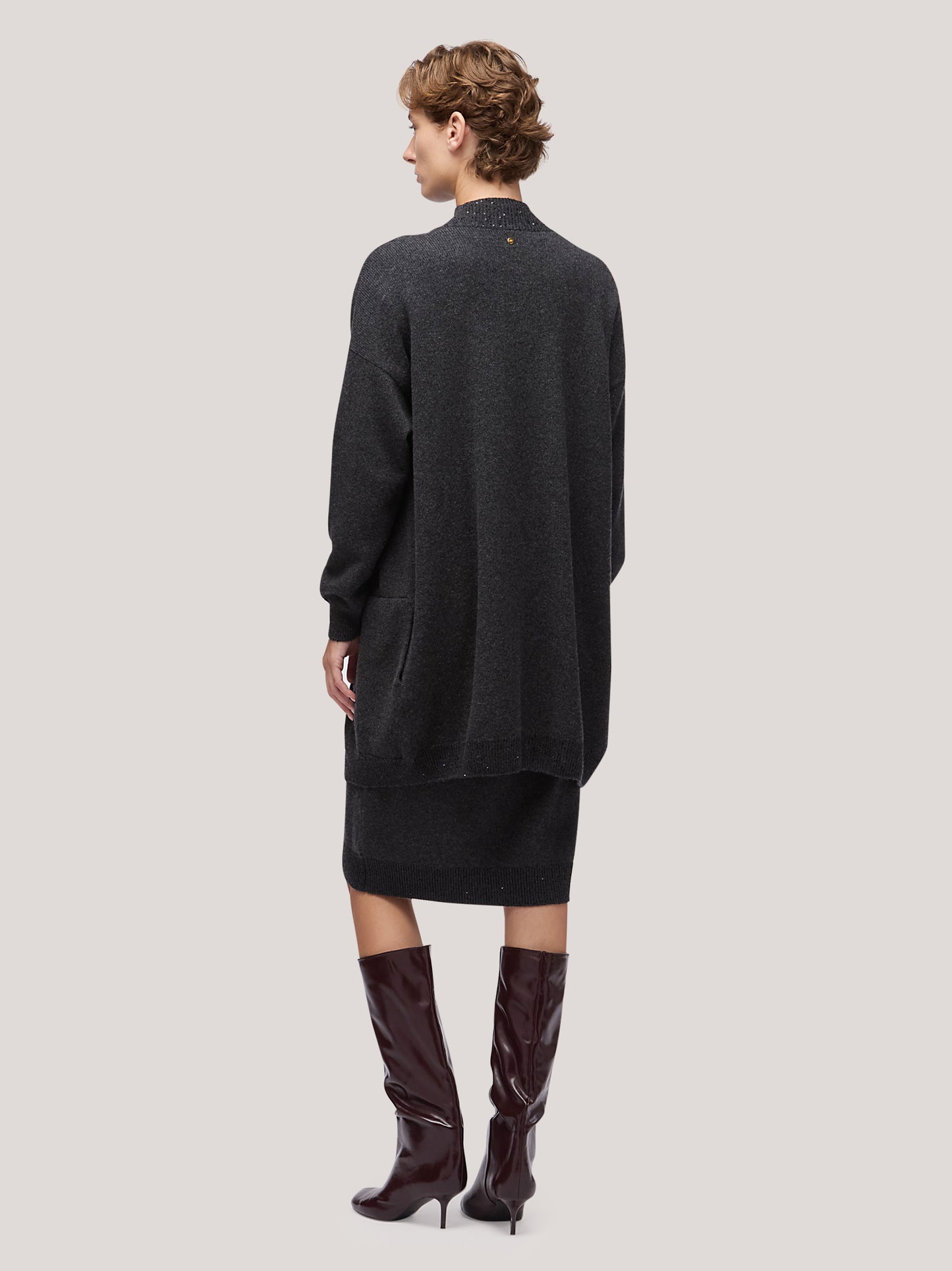 Maglia cardigan donna aperto con inserto paillettes su liste grafite mel 250f00_fw256a_425gra 68148340785478