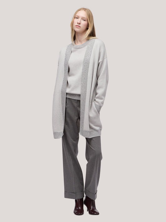 Maglia cardigan donna aperto con inserto paillettes su liste grigio chiaro mel 250f00_fw256a_166grc