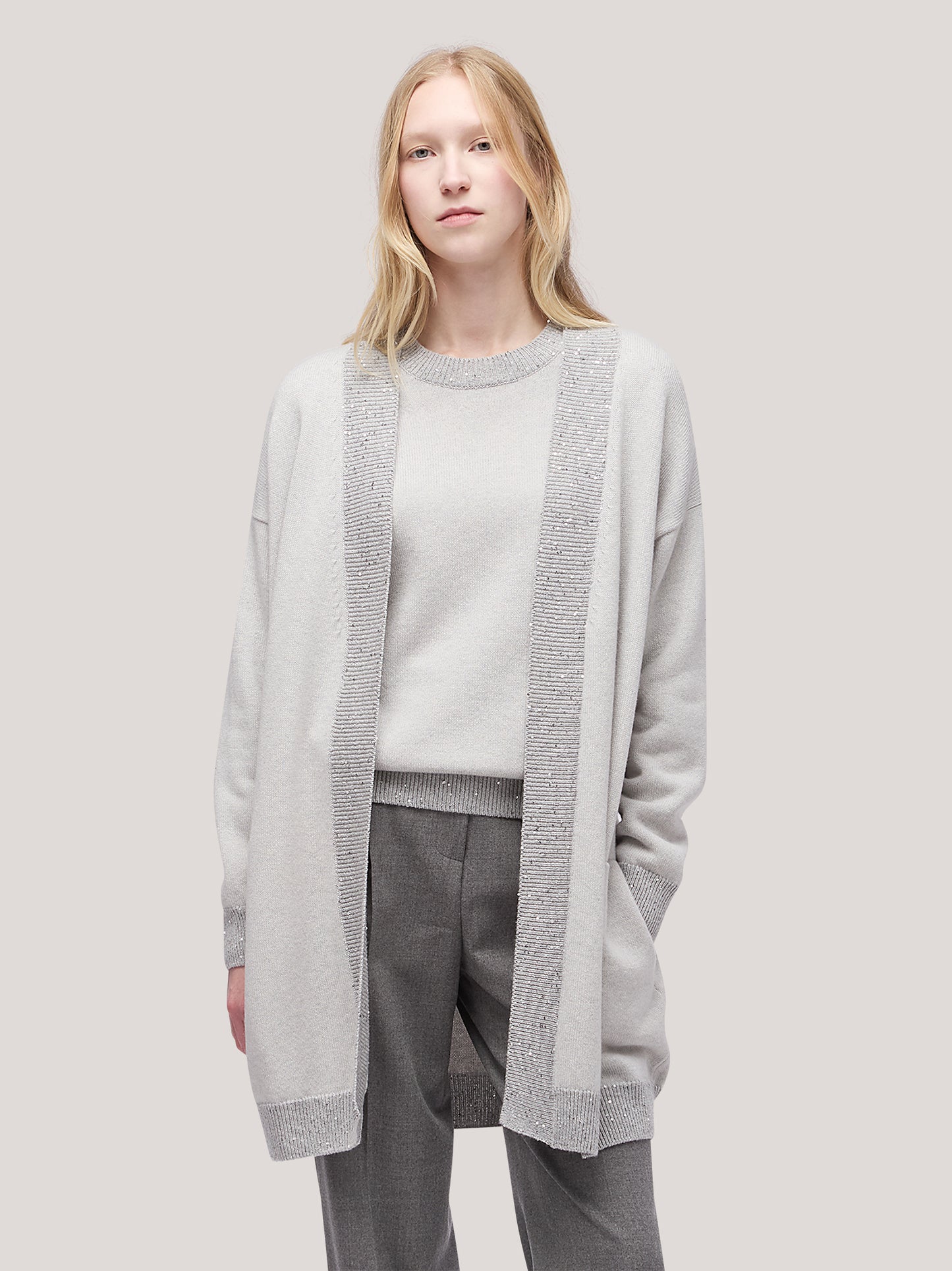Maglia cardigan donna aperto con inserto paillettes su liste grigio chiaro mel 250f00_fw256a_166grc 68522336715078