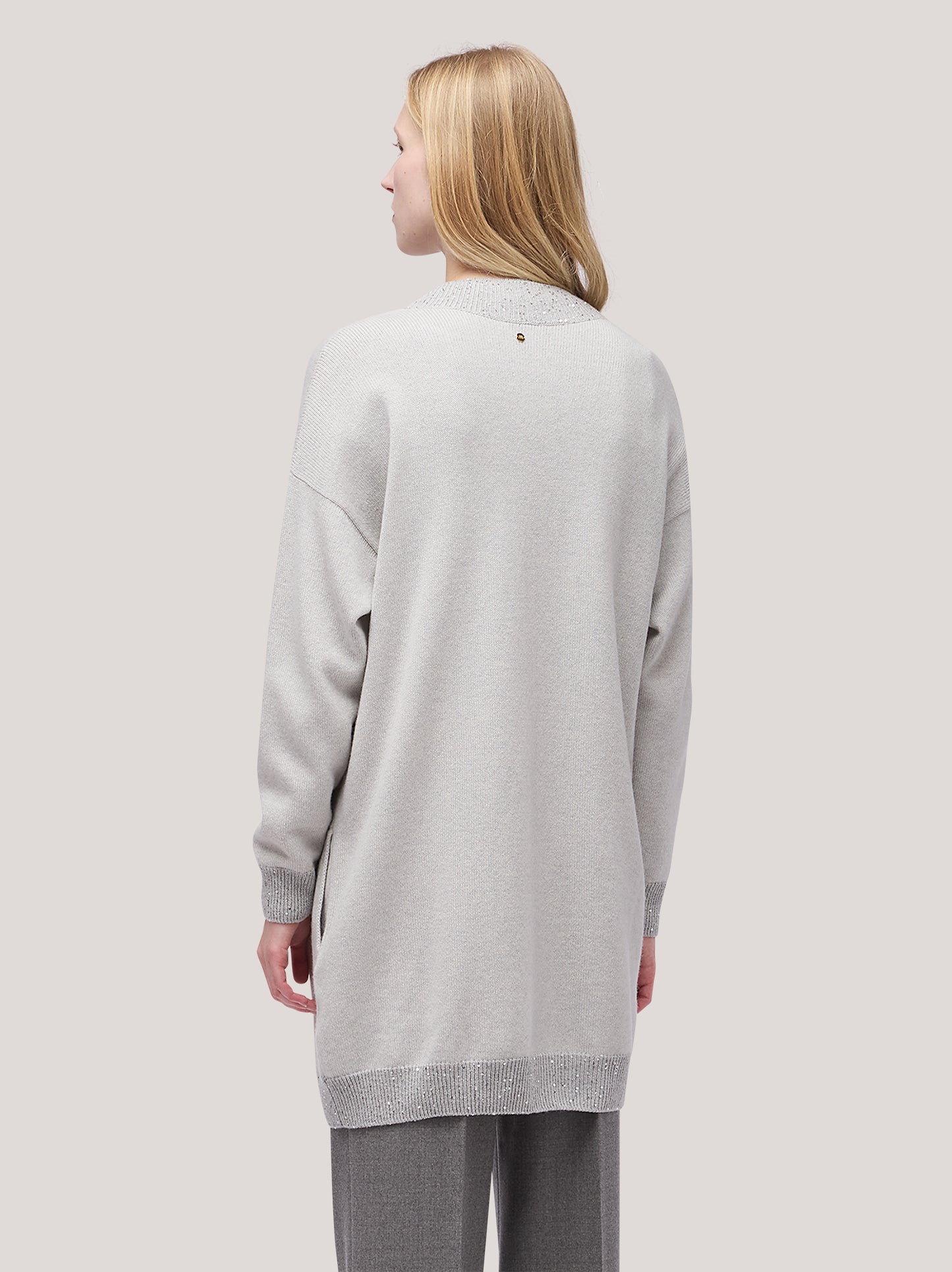 Maglia cardigan donna aperto con inserto paillettes su liste grigio chiaro mel 250f00_fw256a_166grc 68522336747846
