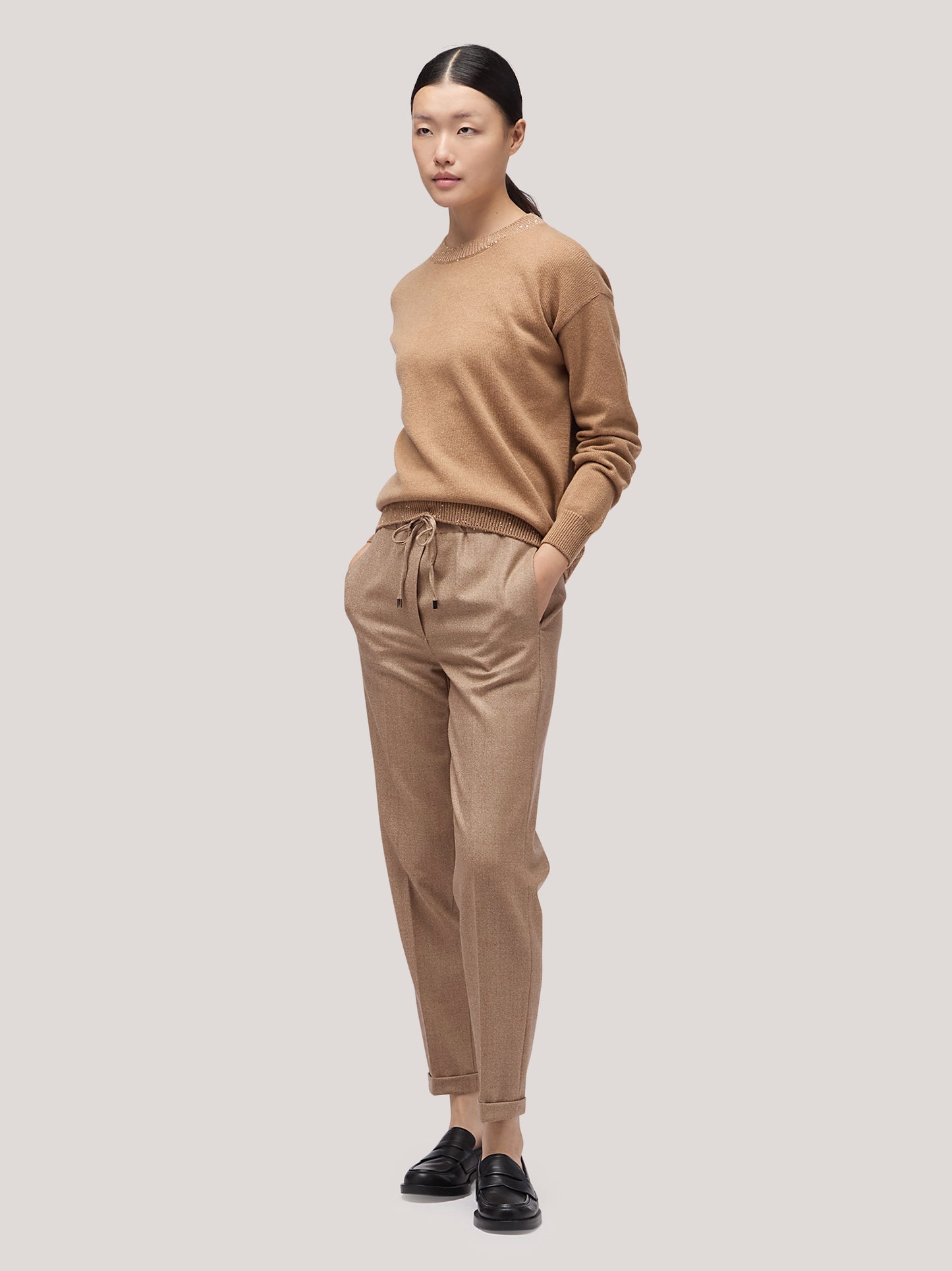 Maglia donna paricollo manica lunga con inserto paillettes su bordi biscotto 250f03_fw256a_846bis 68148258603334