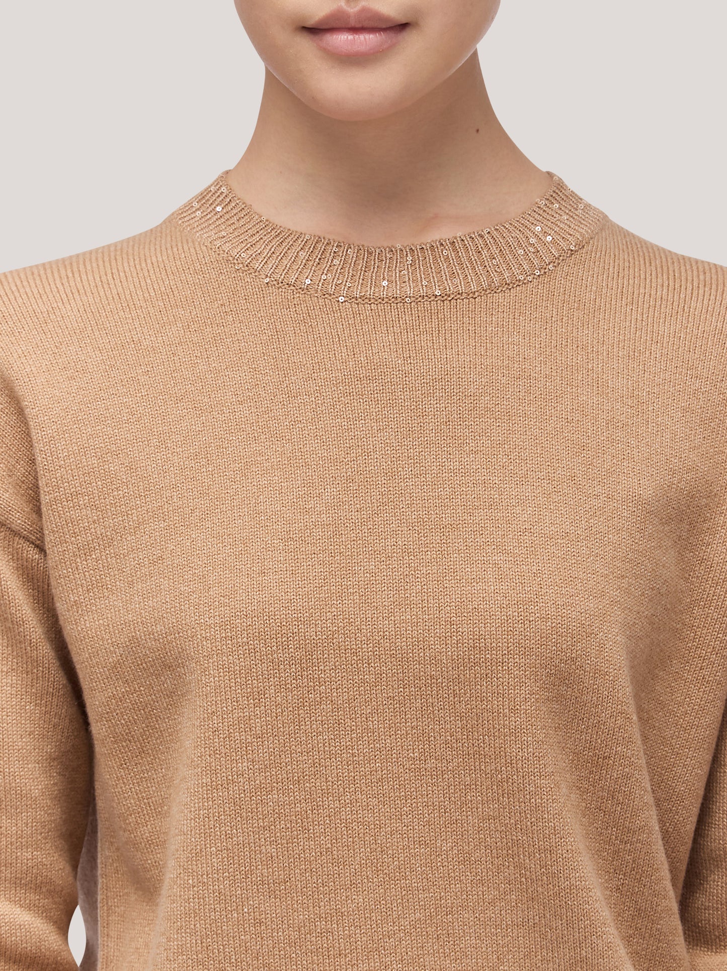Maglia donna paricollo manica lunga con inserto paillettes su bordi biscotto 250f03_fw256a_846bis 68148258701638