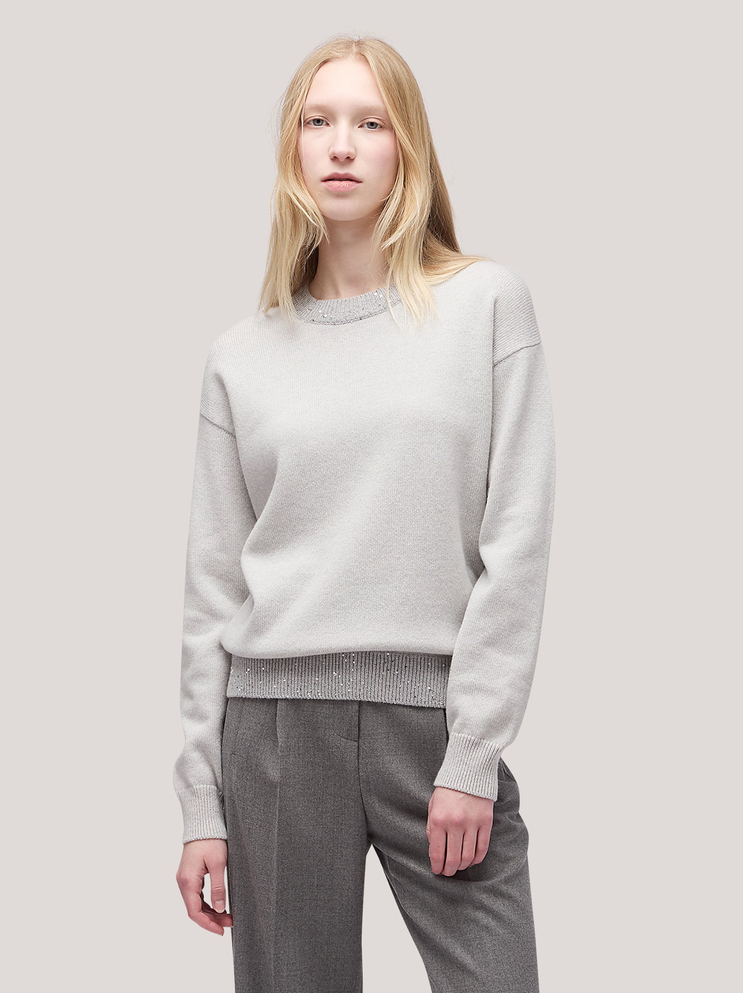 Maglia donna paricollo manica lunga con inserto paillettes su bordi grigio chiaro mel 250f03_fw256a_166grc 68522386161990