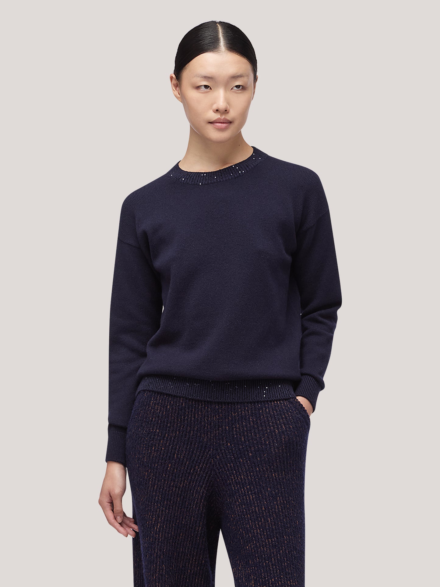 Maglia donna paricollo manica lunga con inserto paillettes su bordi notte 250f03_fw256a_064not 68148288848198
