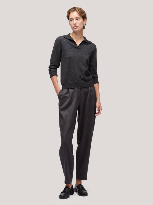 Maglia polo donna manica 3/4 con inserto paillettes su collo grafite mel 250f04_fw256a_425gra