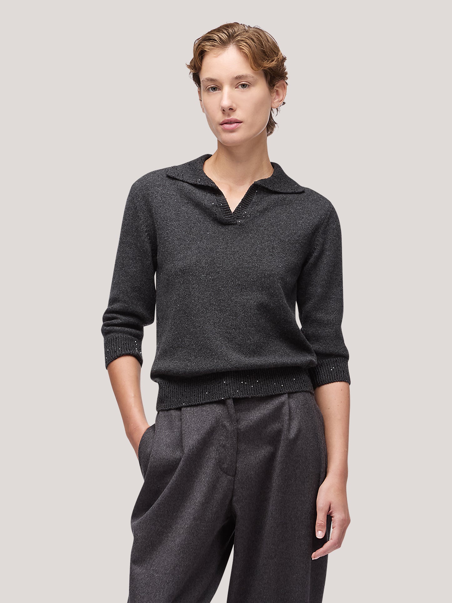 Maglia polo donna manica 3/4 con inserto paillettes su collo grafite mel 250f04_fw256a_425gra 68522440163654