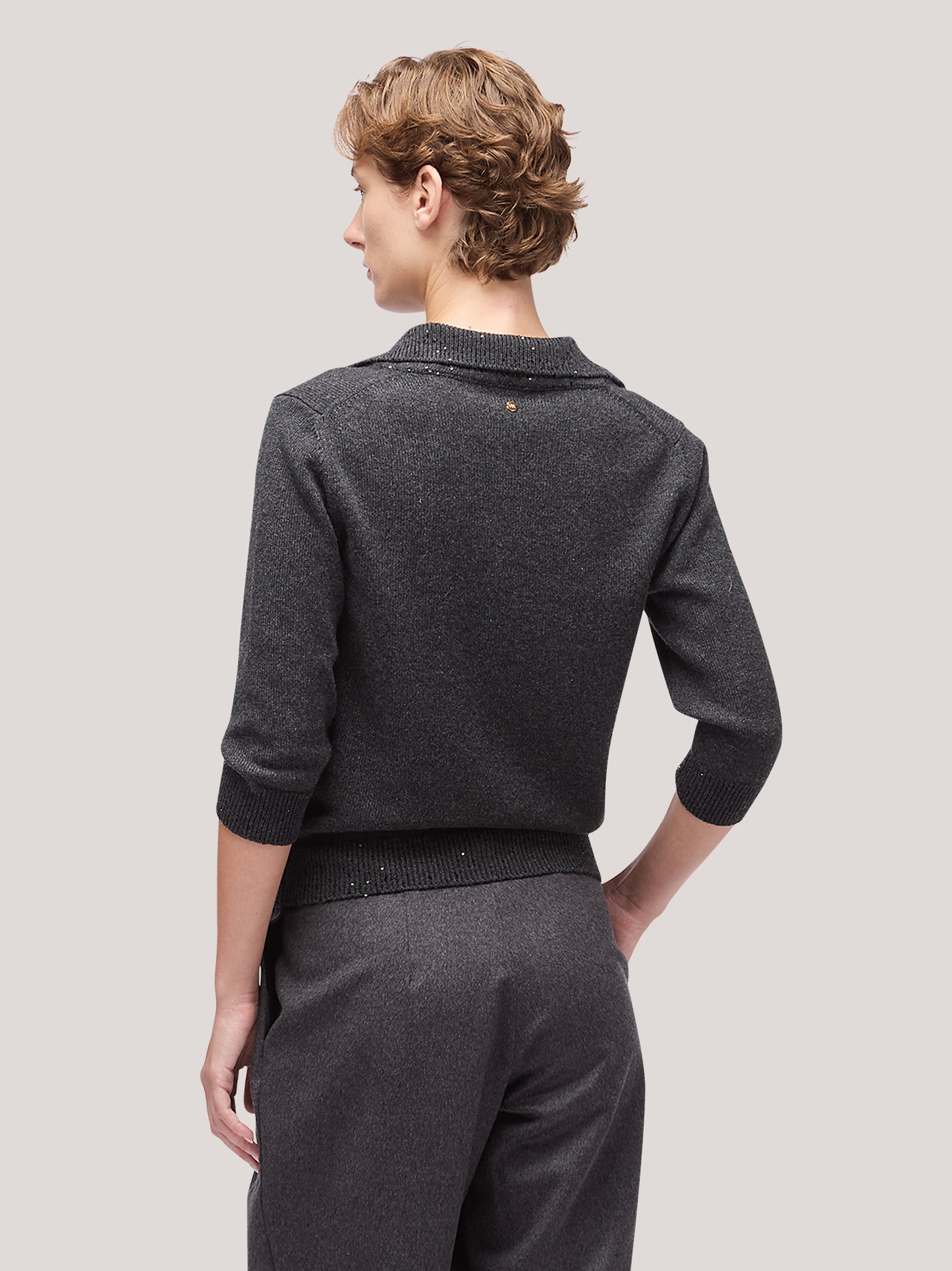 Maglia polo donna manica 3/4 con inserto paillettes su collo grafite mel 250f04_fw256a_425gra 68522440196422