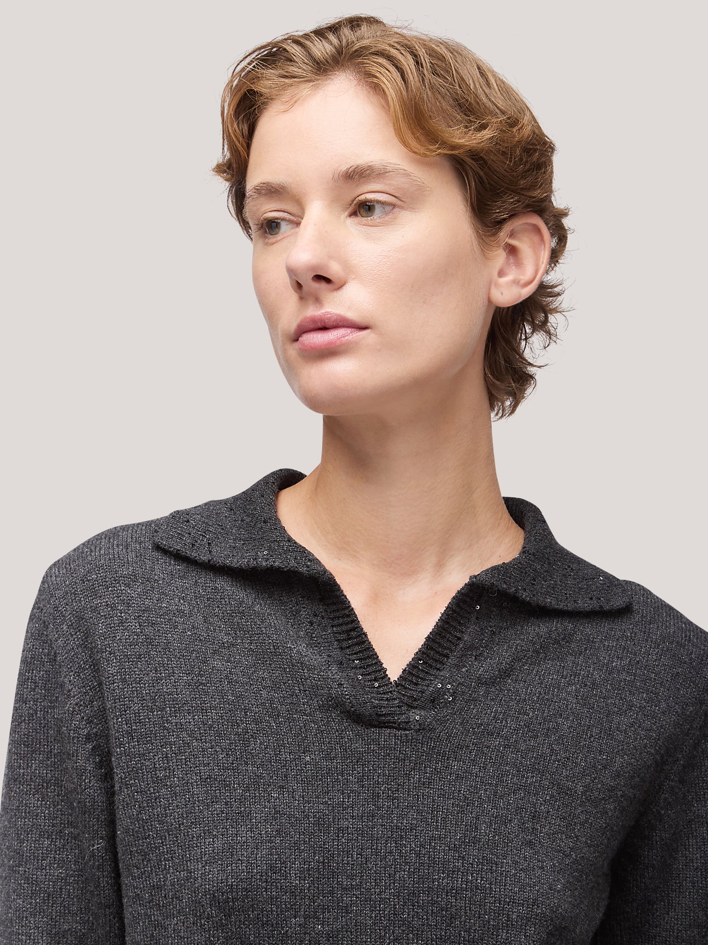 Maglia polo donna manica 3/4 con inserto paillettes su collo grafite mel 250f04_fw256a_425gra 68522440229190