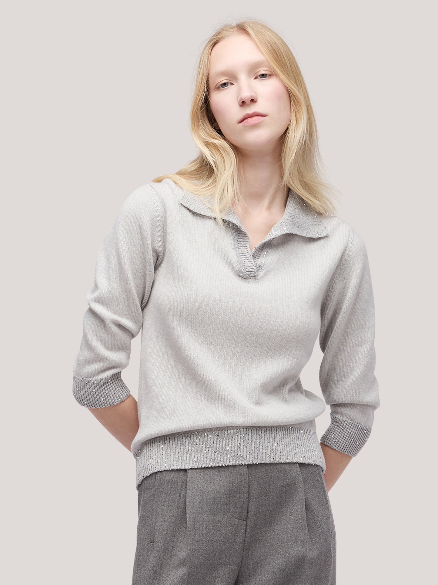 Maglia polo donna manica 3/4 con inserto paillettes su collo grigio chiaro mel 250f04_fw256a_166grc 68522455630150
