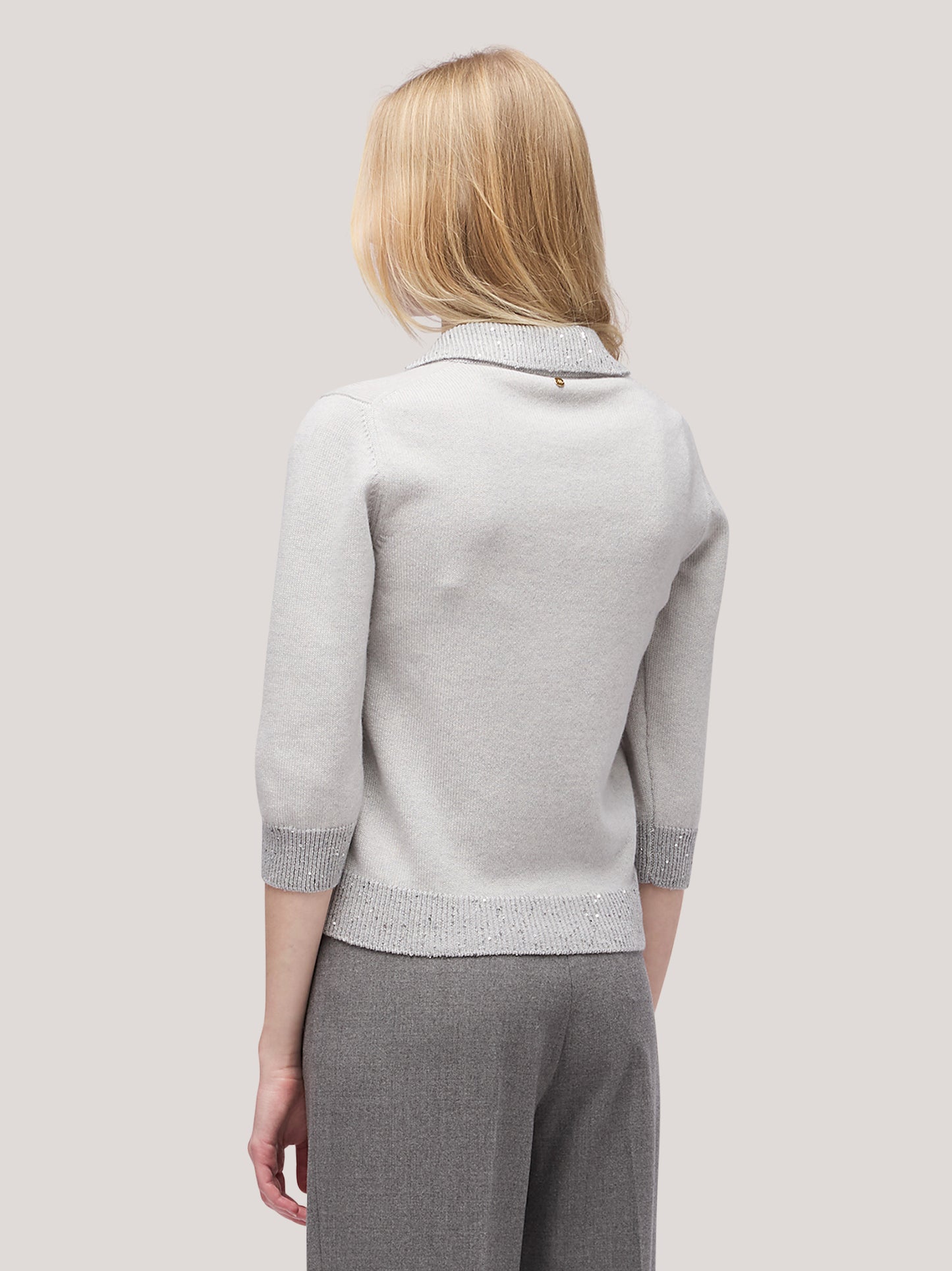 Maglia polo donna manica 3/4 con inserto paillettes su collo grigio chiaro mel 250f04_fw256a_166grc 68522455662918