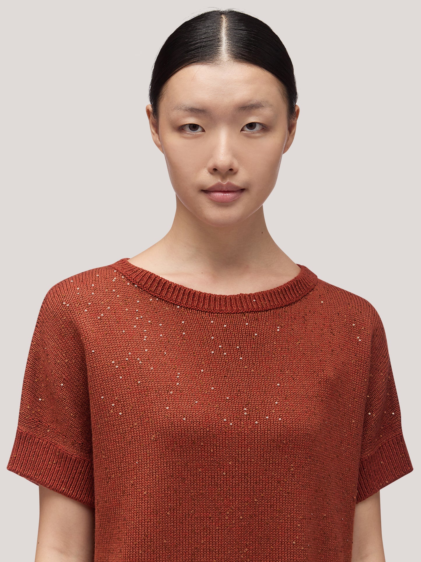 Maglia donna kimono scollo tondo, smanicato con spacchi, applicazione paillettes rame 250f30_fw256a_677ram 68148205027654