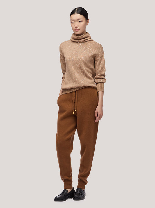 Maglia donna collo in piedi manica lunga, applicazione paillettes biscotto 250f31_fw256a_846bis