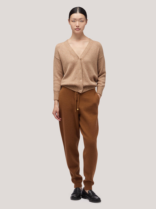 Maglia donna cardigan manica lunga, applicazione paillettes biscotto 250f32_fw256a_846bis