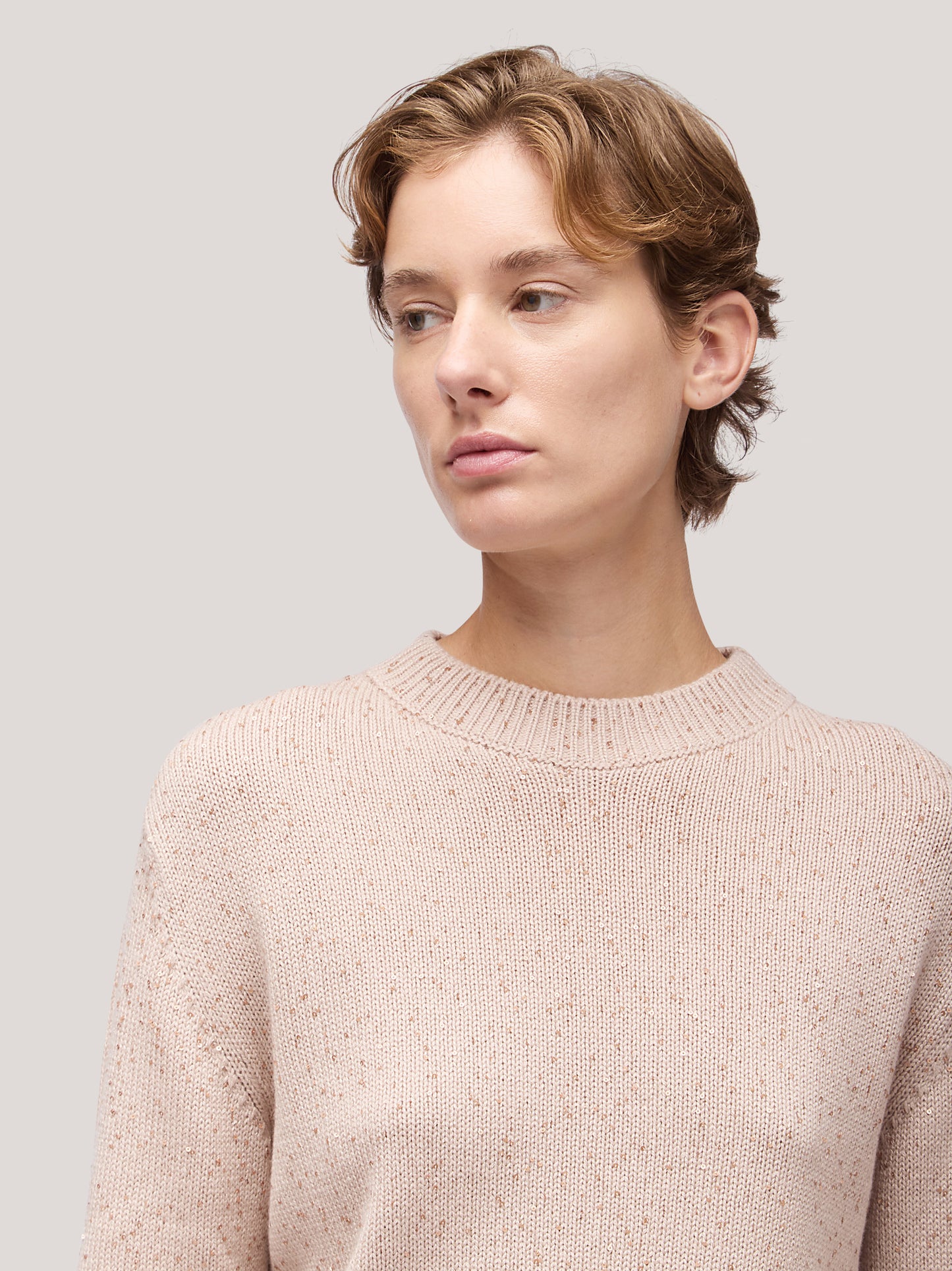 Maglia donna paricollo manica lunga, paillettes rosa tenue 250f35_fw256a_a16ros 68148057669958