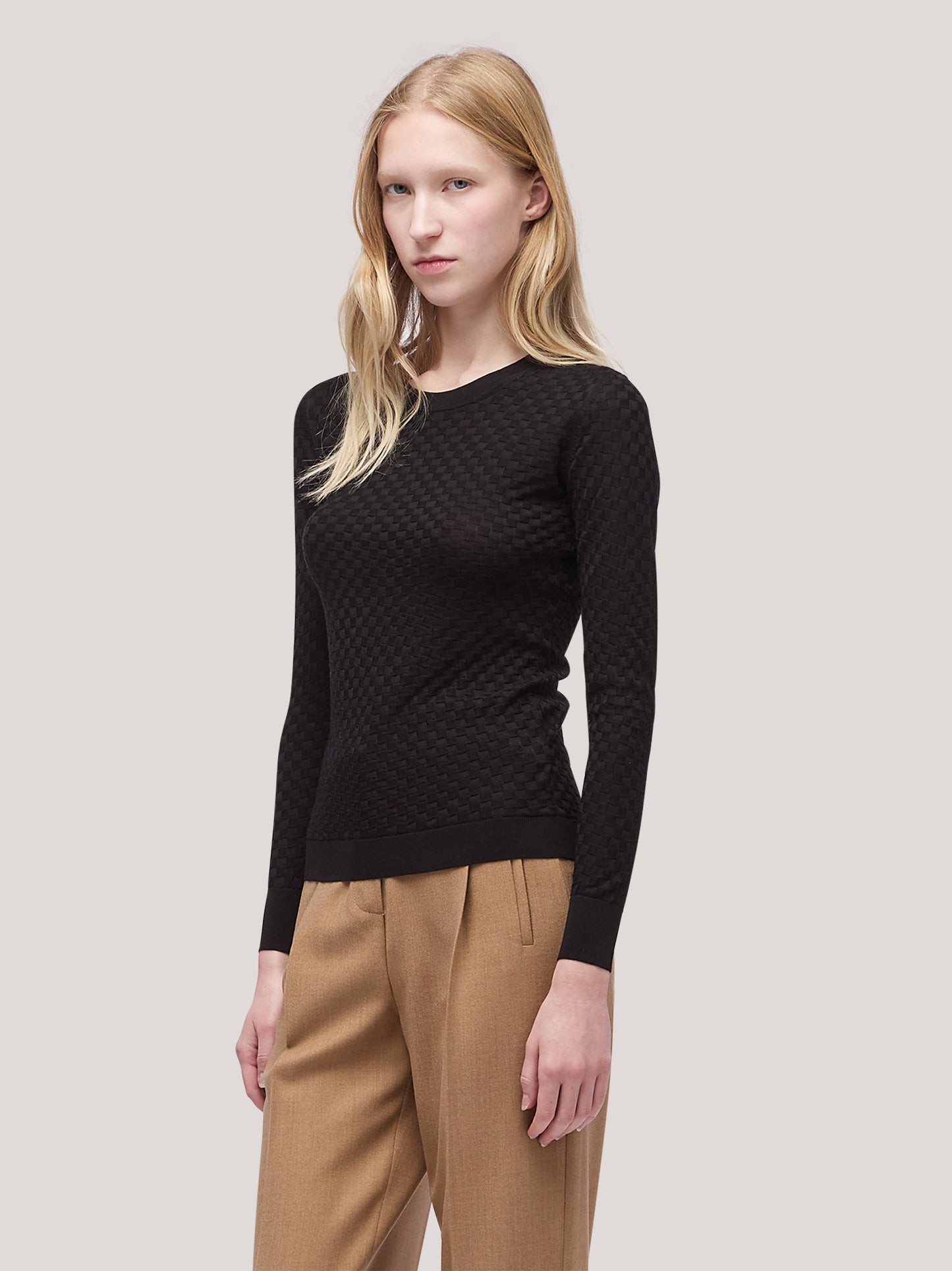 Maglia donna girocollo manica lunga, lavorazione damier nero 250h30_fw251b_096ner 68522552918342