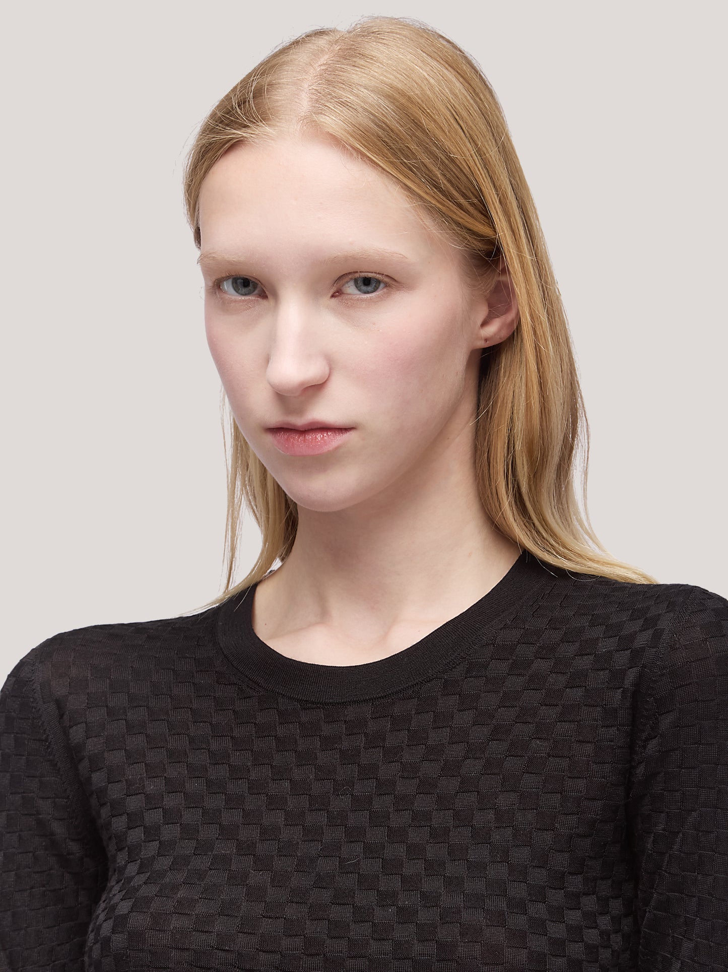 Maglia donna girocollo manica lunga, lavorazione damier nero 250h30_fw251b_096ner 68522552983878