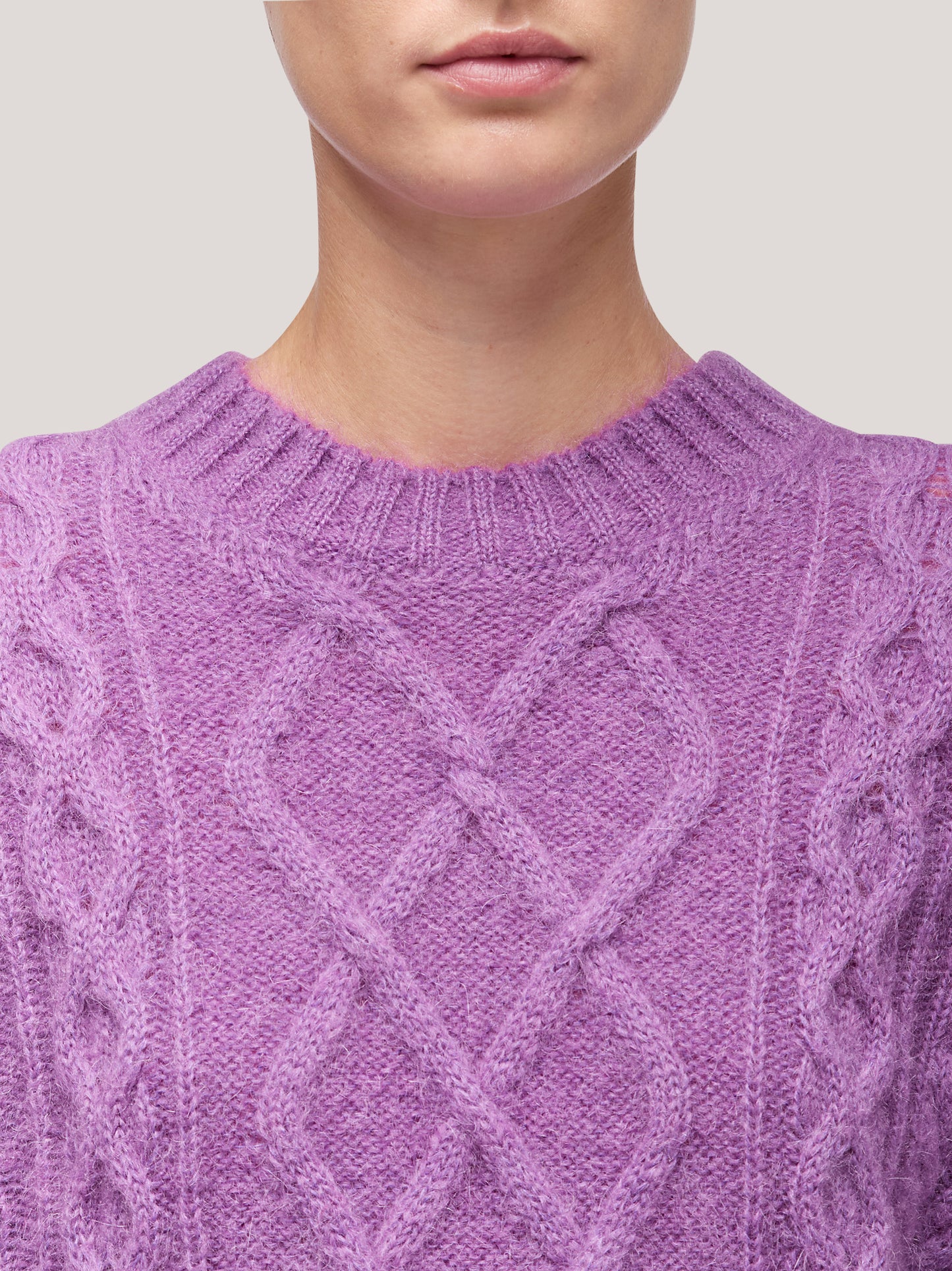 Women's crew neck, long-sleeved cable knit sweater, soft mohair violet 250n11_fw255a_t98vio 68147828949318