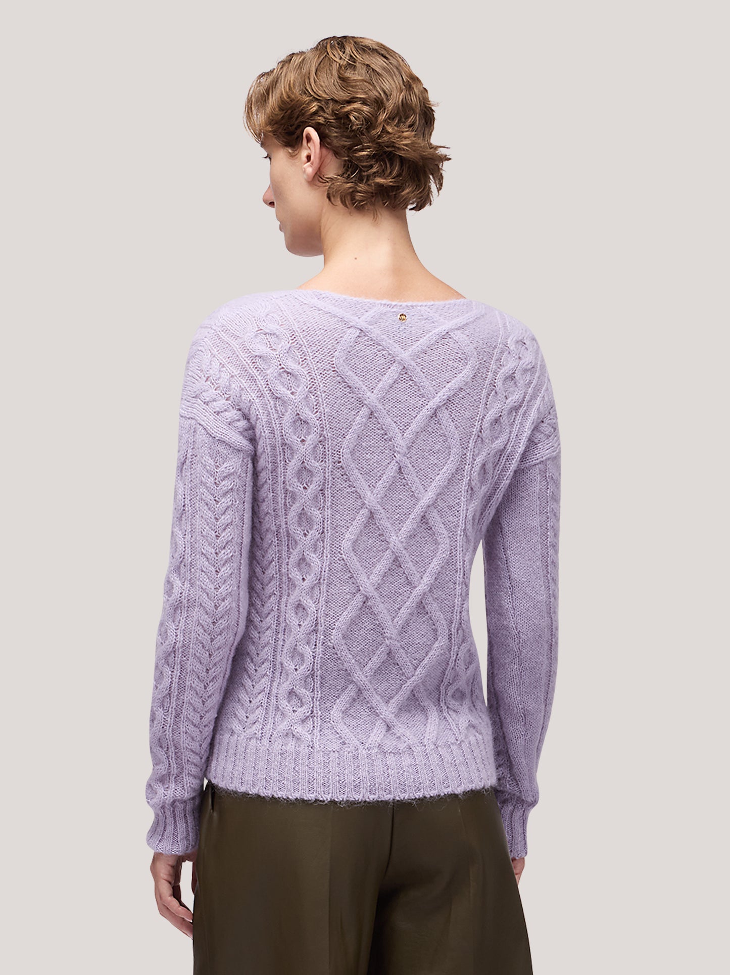 Women's V-neck cable knit sweater with long sleeves, soft mohair lilac 250n12_fw255a_299lil 68147799884102