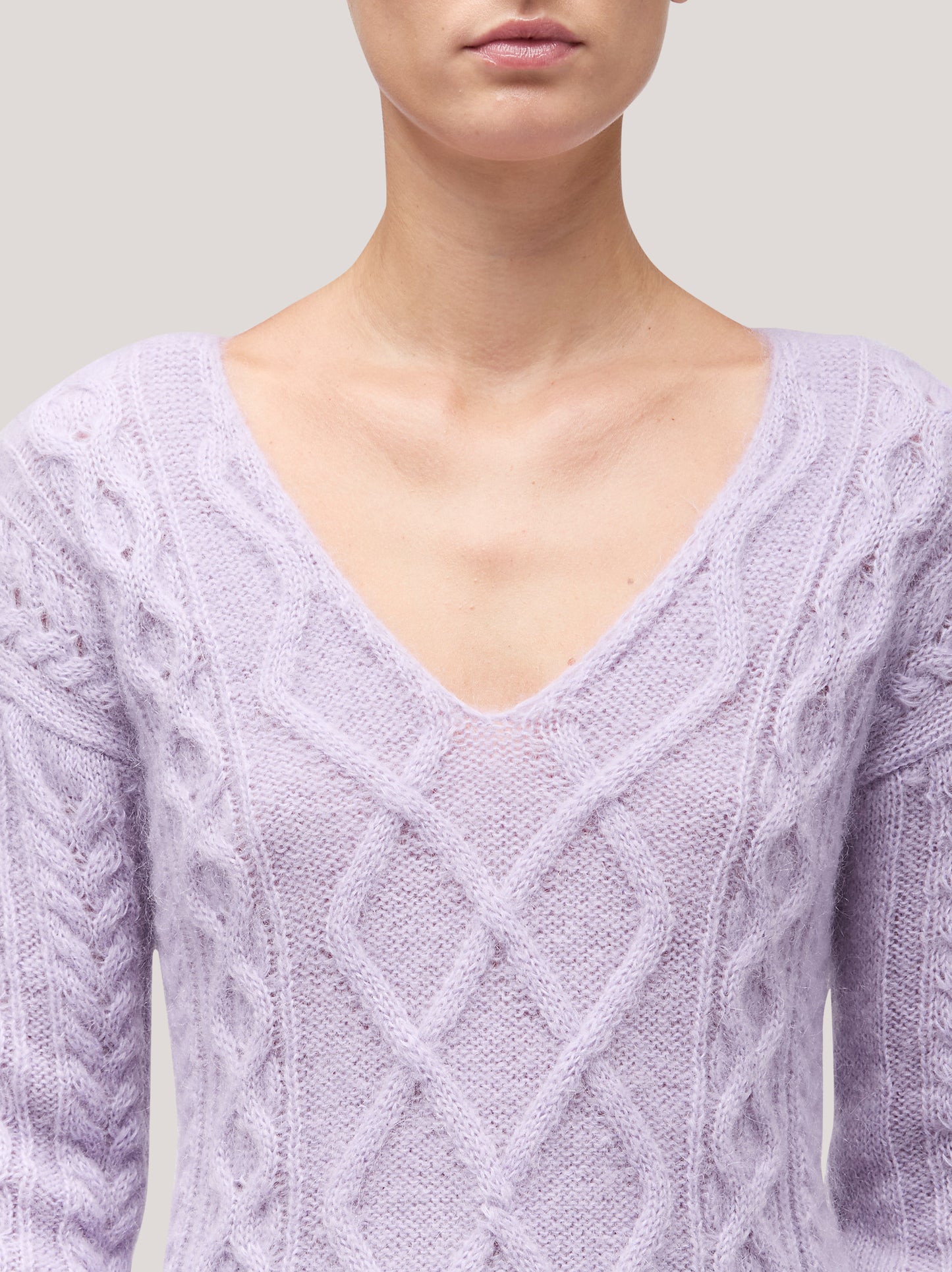 Women's V-neck cable knit sweater with long sleeves, soft mohair lilac 250n12_fw255a_299lil 68147799916870