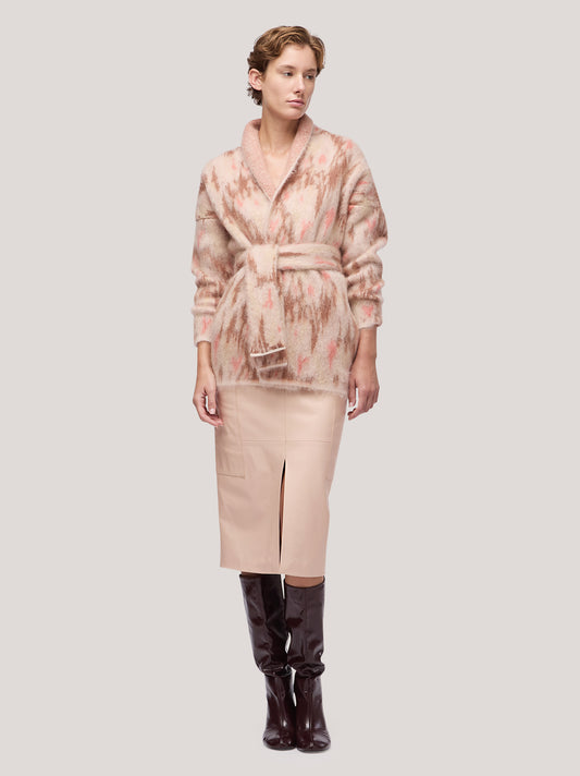 Maglia cardigan donna aperto con cintura, tasche, fantasia floreale pettinata b.co /biscotto 250n22_fw255c_217bia