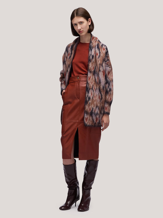 Maglia cardigan donna aperto con cintura, tasche, fantasia floreale pettinata blu /biscotto 250n22_fw255c_u01blu
