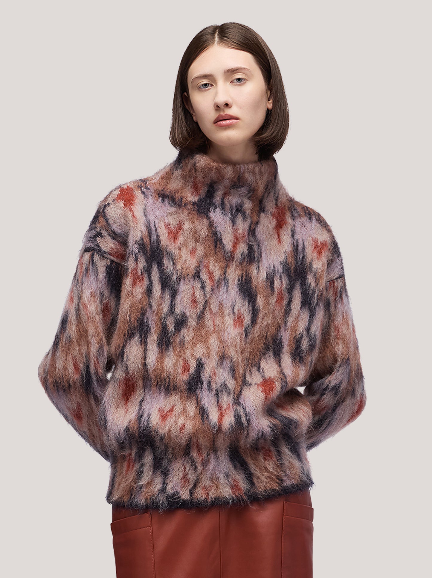 Women's stand-up collar long-sleeved sweater with a combed floral pattern blue /beige 250n23_fw255c_u01blu 68147699908934