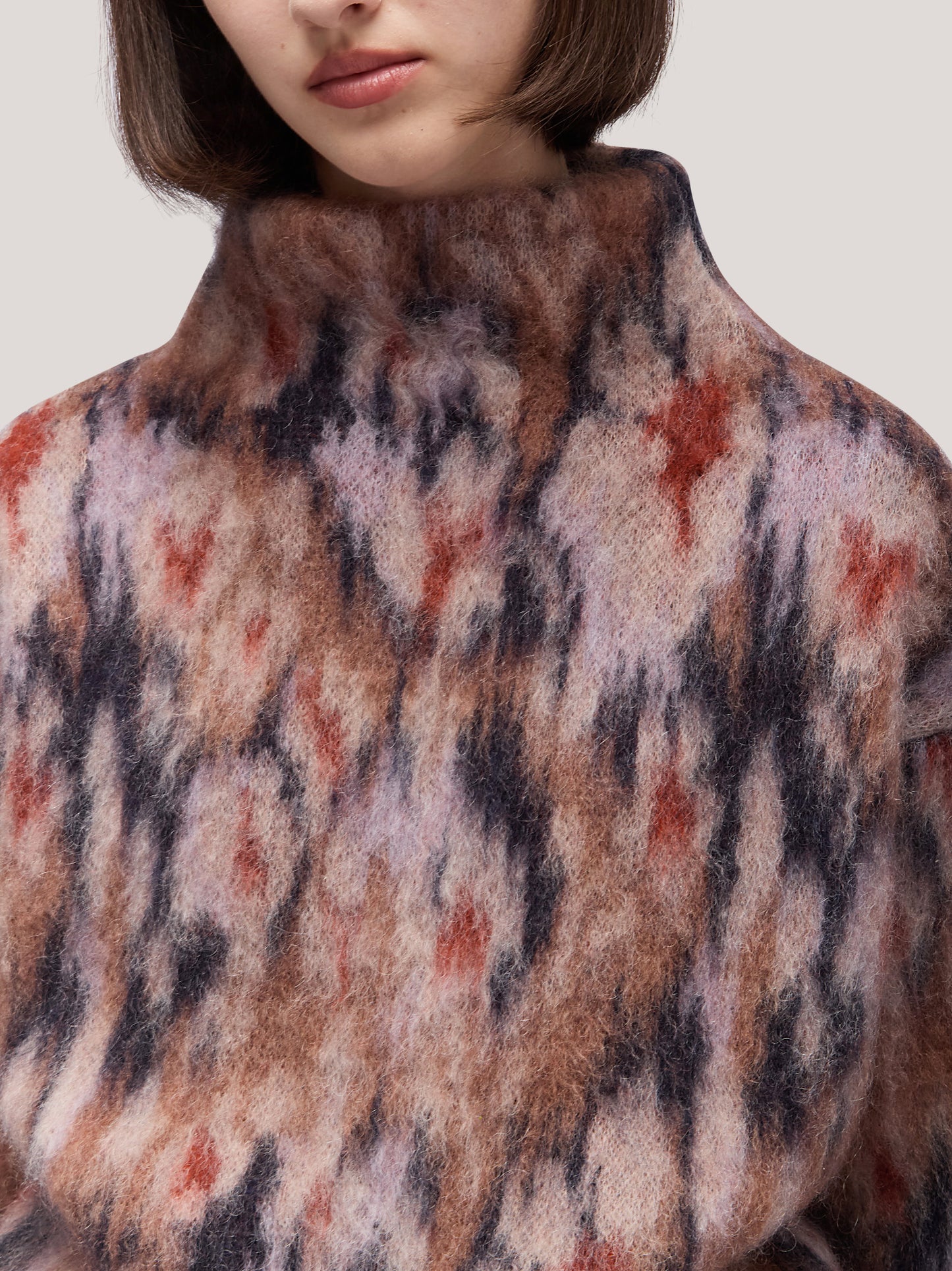 Women's stand-up collar long-sleeved sweater with a combed floral pattern blue /beige 250n23_fw255c_u01blu 68147699974470
