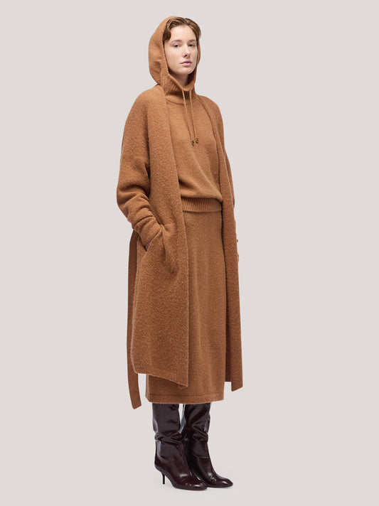 Maglia cardigan donna lungo con cintura, hanaq tabacco 250n88_fw254a_426tab