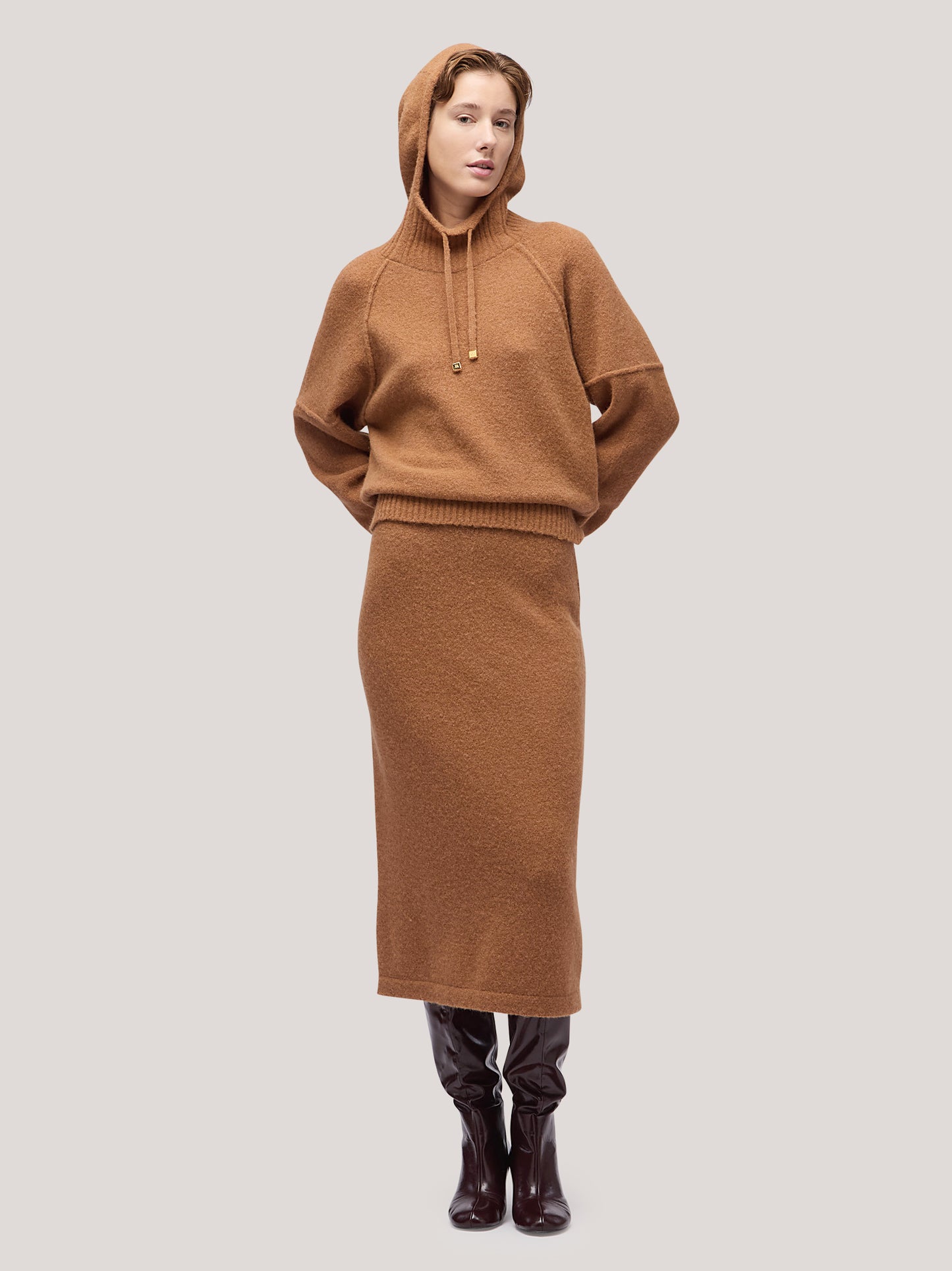 Long skirt with ribbed belt, hanaq tobacco 250n90_fw254a_426tab 68147433734470