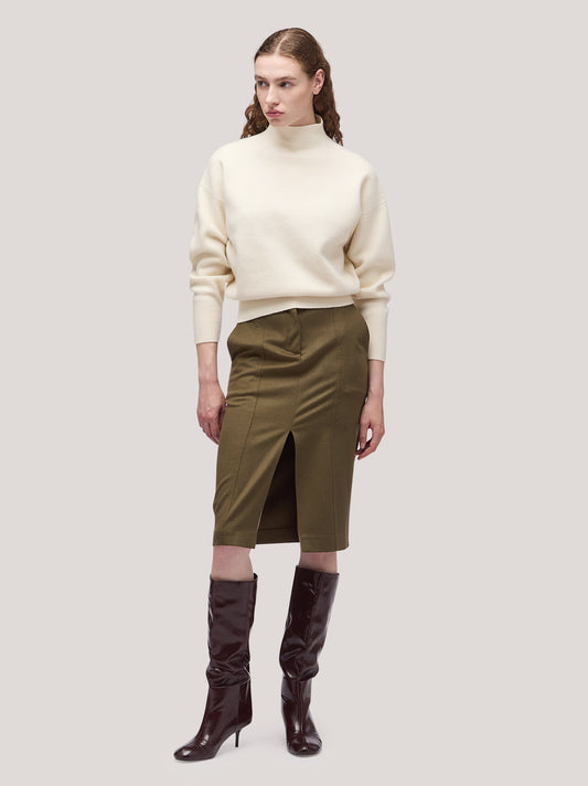 Maglia donna collo alto manica lunga, punto milano white 250r12_fw25-7_690whi