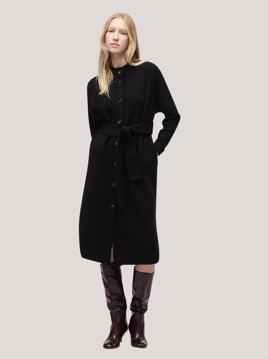 Maglia donna lunga scamiciata, tasche e cintura, punto milano - Maglia donna lunga scamiciata, tasche e cintura, punto milano alt - 002