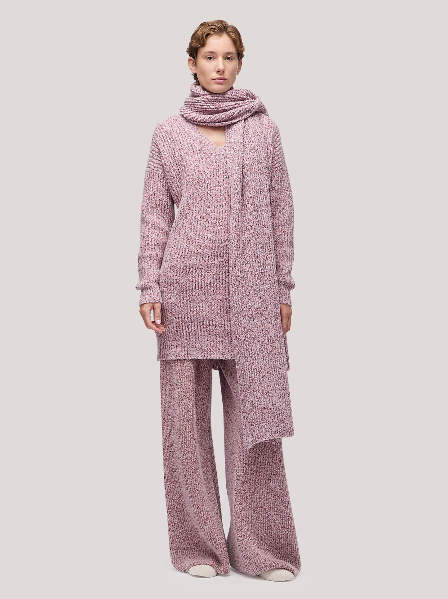 Women's long V-neck sweater, two-tone English rib lilac 250r90_fw259a_299lir 68146808783174