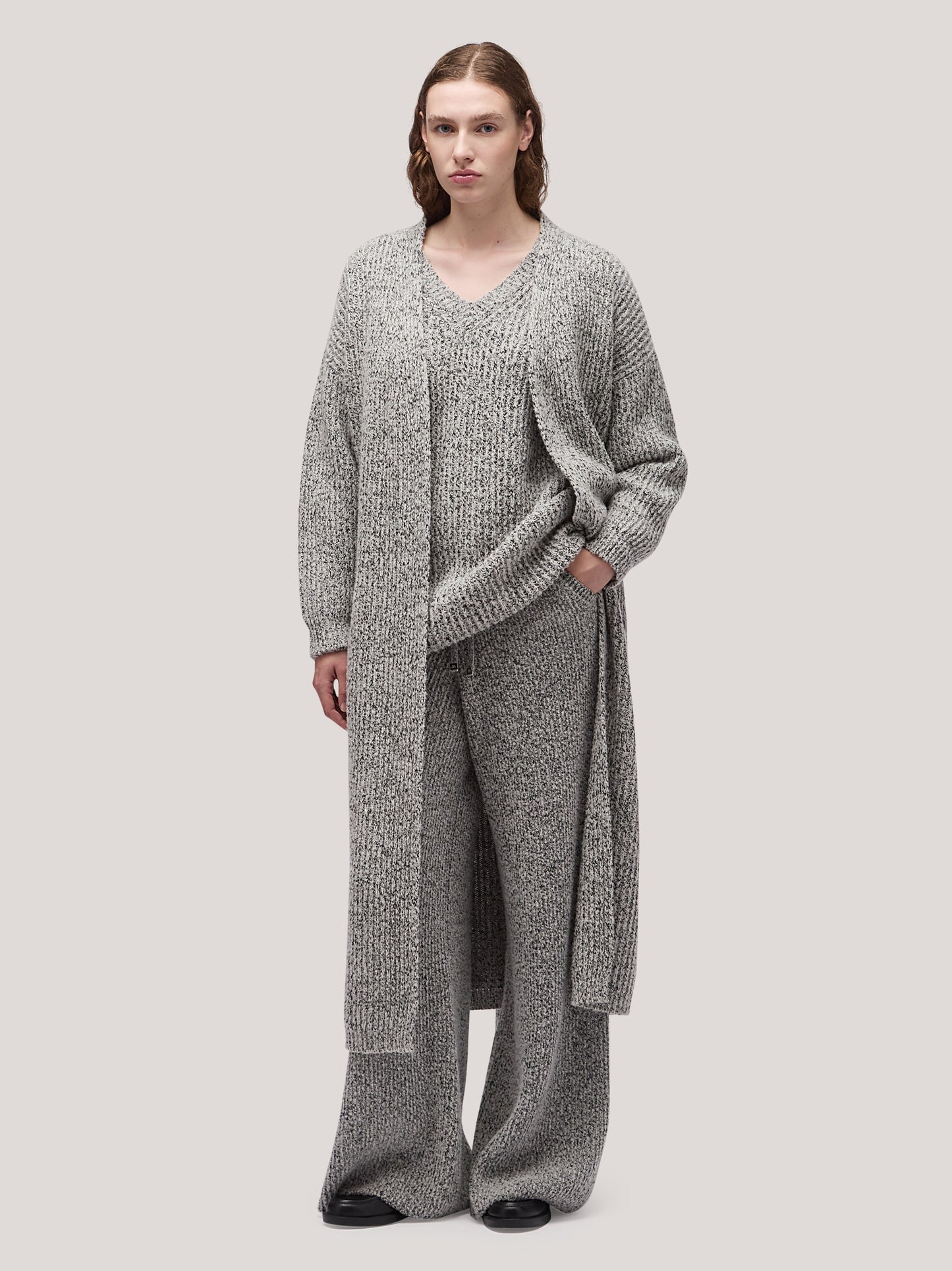 Women's long open cardigan sweater, belt, two-tone English rib white /black 250r94_fw259a_217bne 68146799083846