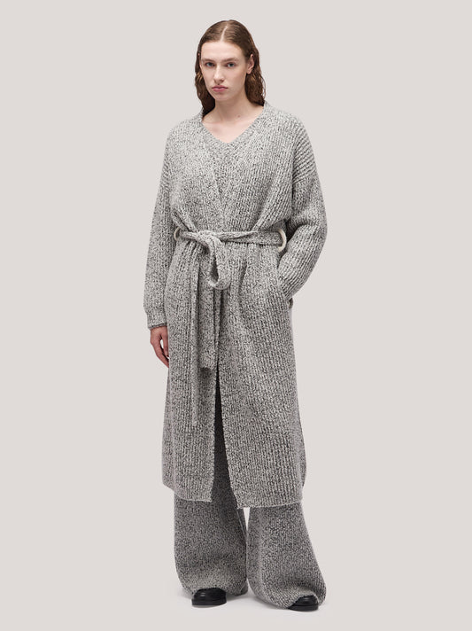 Women's long open cardigan sweater, belt, two-tone English rib - Women's long open cardigan sweater, belt, two-tone English rib alt - 002