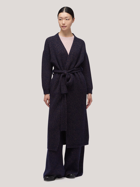 Women's long open cardigan sweater, belt, two-tone English rib - Women's long open cardigan sweater, belt, two-tone English rib alt - 002