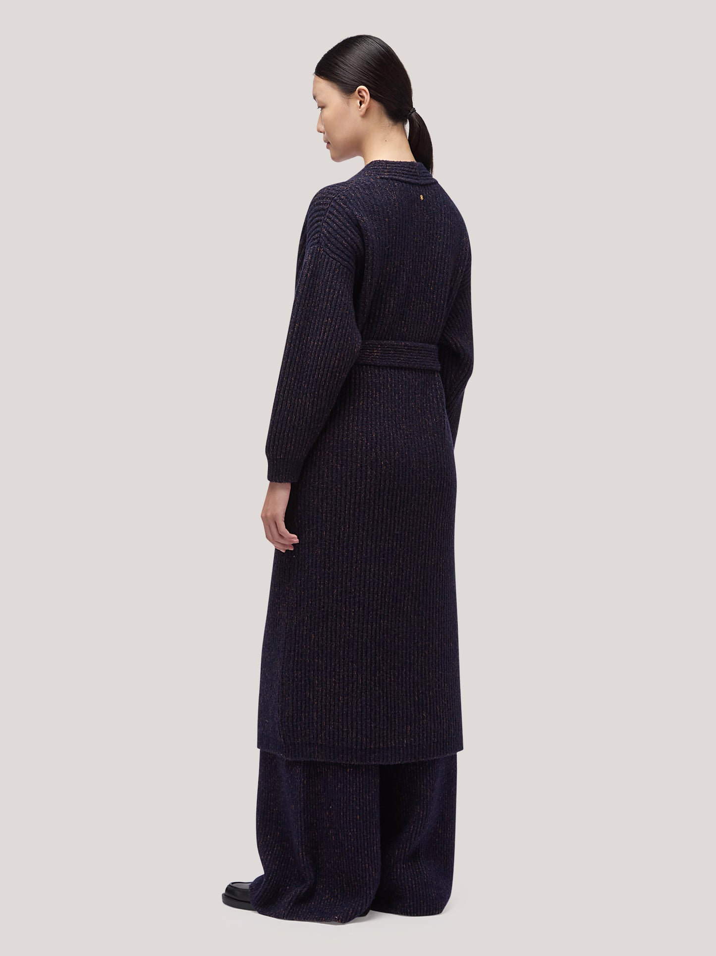 Women's long open cardigan sweater, belt, two-tone English rib blue / caramel cafe 250r94_fw259a_u01nac 68146789187910