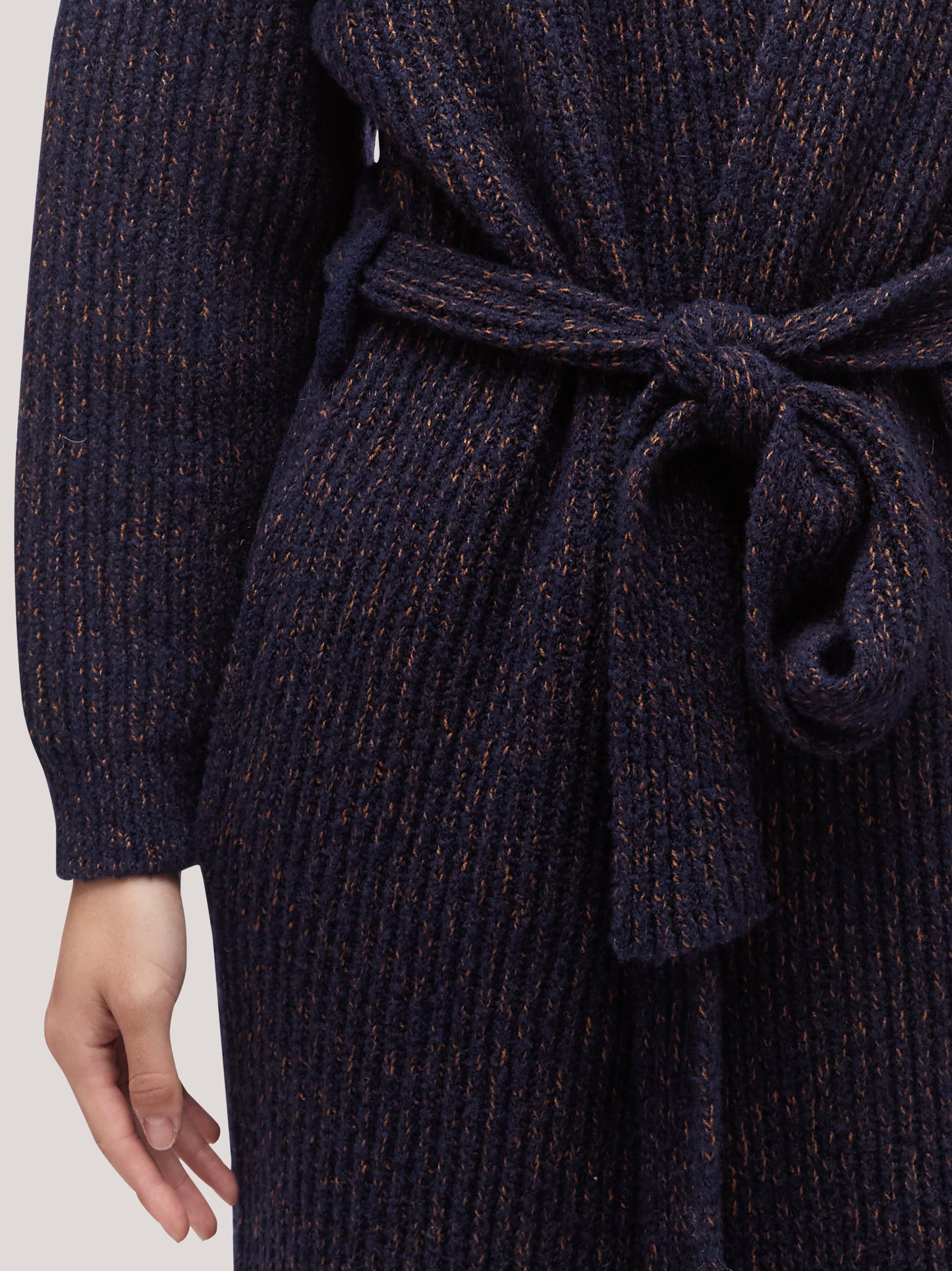 Women's long open cardigan sweater, belt, two-tone English rib blue / caramel cafe 250r94_fw259a_u01nac 68146789220678