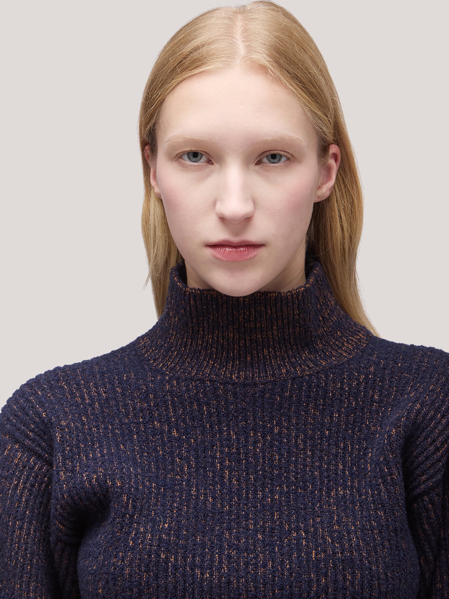 Women's long-sleeved turtleneck sweater, two-tone English rib blue / caramel cafe 250r95_fw259a_u01nac 68521971515718