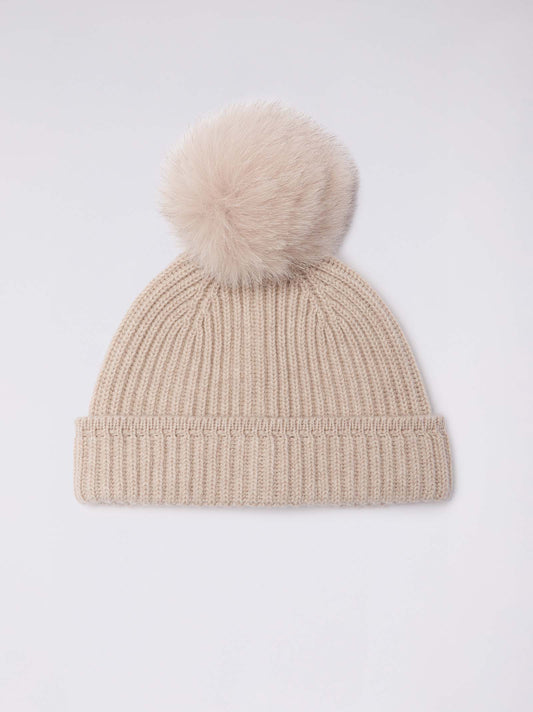 Cuffia a costa inglese con pon pon in volpe cremino 25k315_n_fw24-3_908908