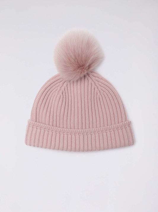 Cuffia a costa inglese con pon pon in volpe soft rose 25k315_n_fw24-3_i28i28