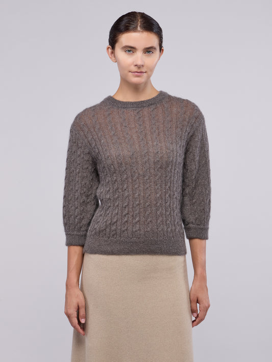 Soft mohair cable knit sweater with 3/4 sleeves marrone 260n21_n_fw26-5_281mar